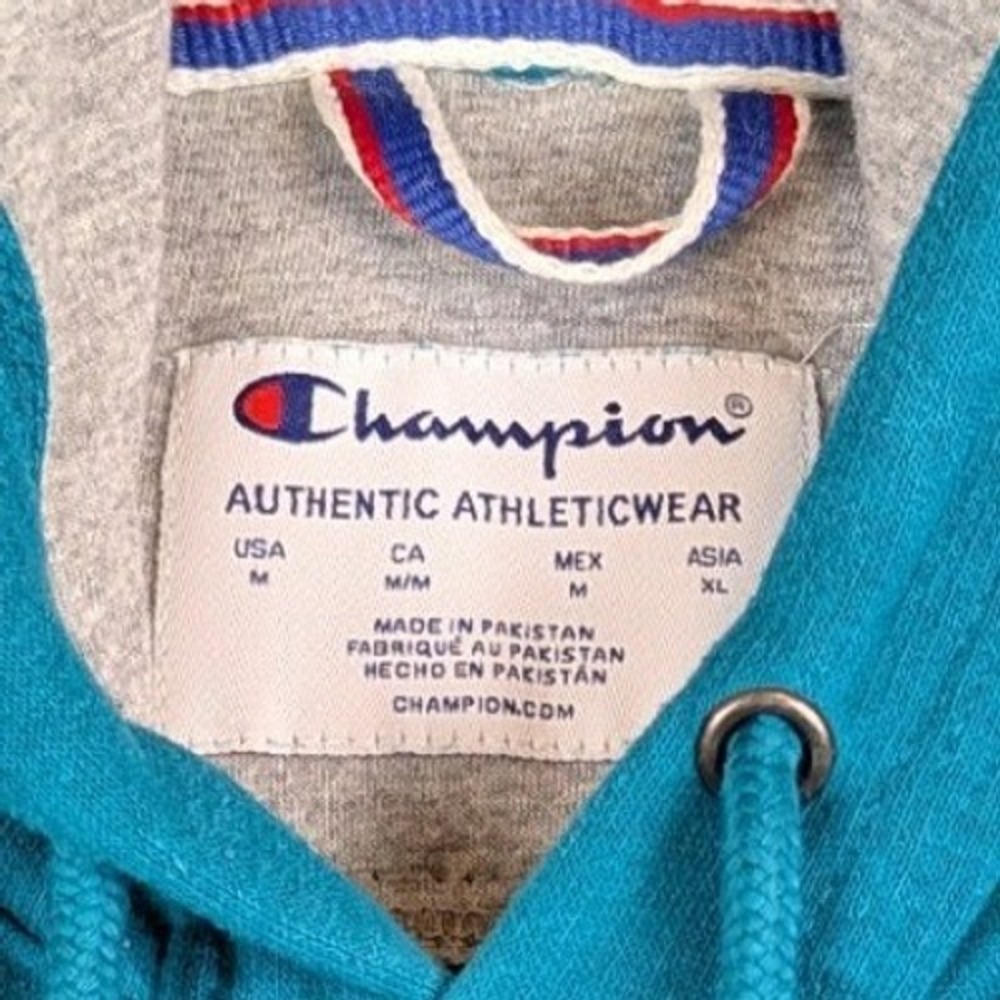 Champion Mens Hoodie Teal Blue Graphic Pullover Sweatshirt Medium GF89H - Picture 2 of 13